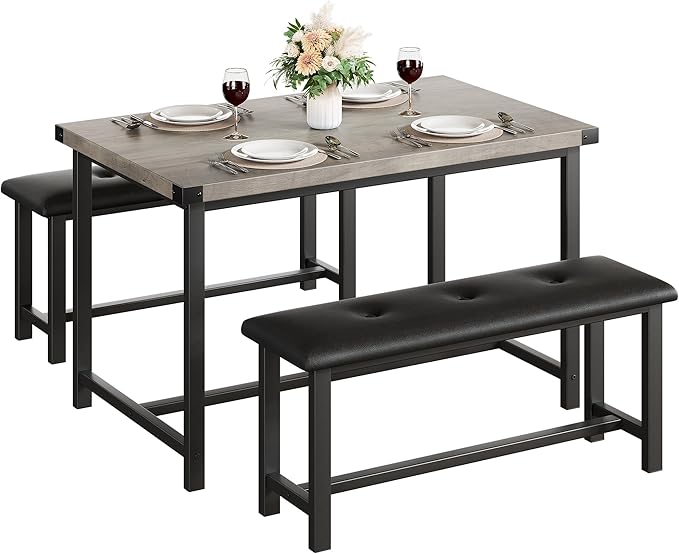 Dining Table Set for 4, Kitchen Table with 2 Upholstered Benches, 3-Piece Dining Room Set for Kitchen, Apartment and Small Spaces, Gray