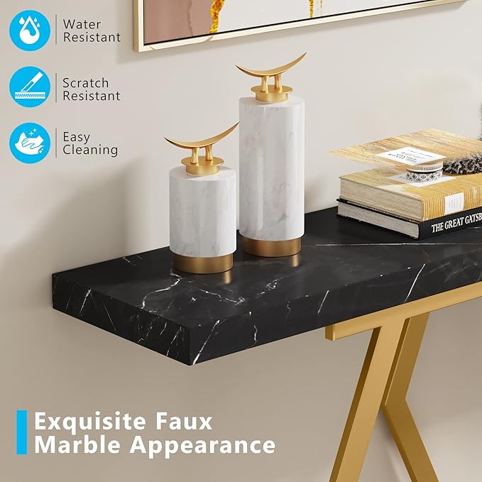 Tribesigns 70.9 Inch Extra Long Sofa Table，Black and Gold Console Table with Faux Marble Tabletop, Modern Long Entryway Table with Gold Frame