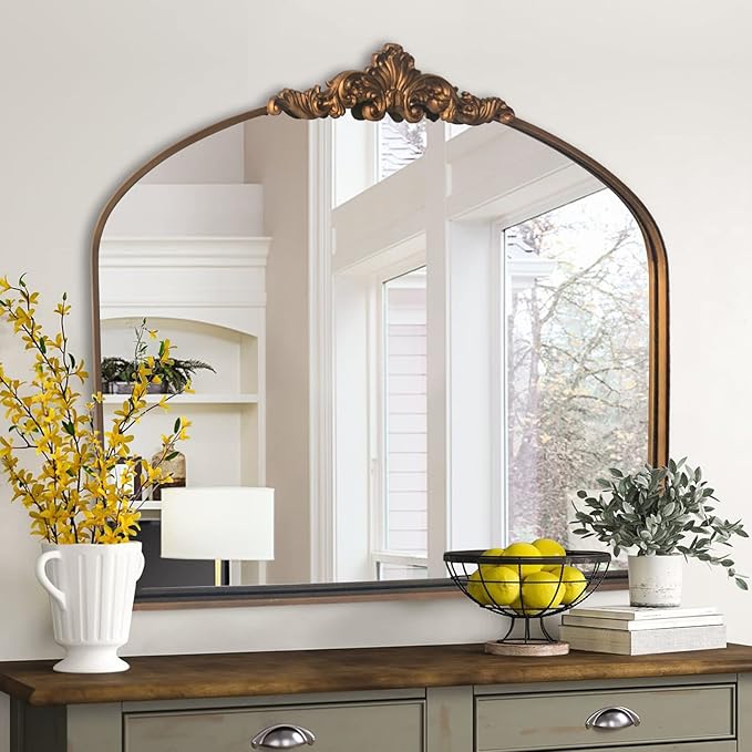 WAMIRRO Arched Mirror,Gold Traditional Vintage Ornate Baroque Mirror,Antique Brass Mirrors for Entryway/Fireplace/Living Room/Hallway/Bathroom.36 X30 Gold