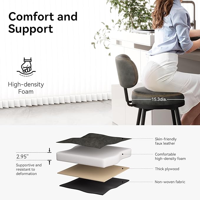 Counter Height Bar Stools, 26" H Swivel Barstools Set of 4, Faux Leather Kitchen Counter Stools with Back and Stylish Stitching, Metal Frame, Pub, Home Bar, Black Grey