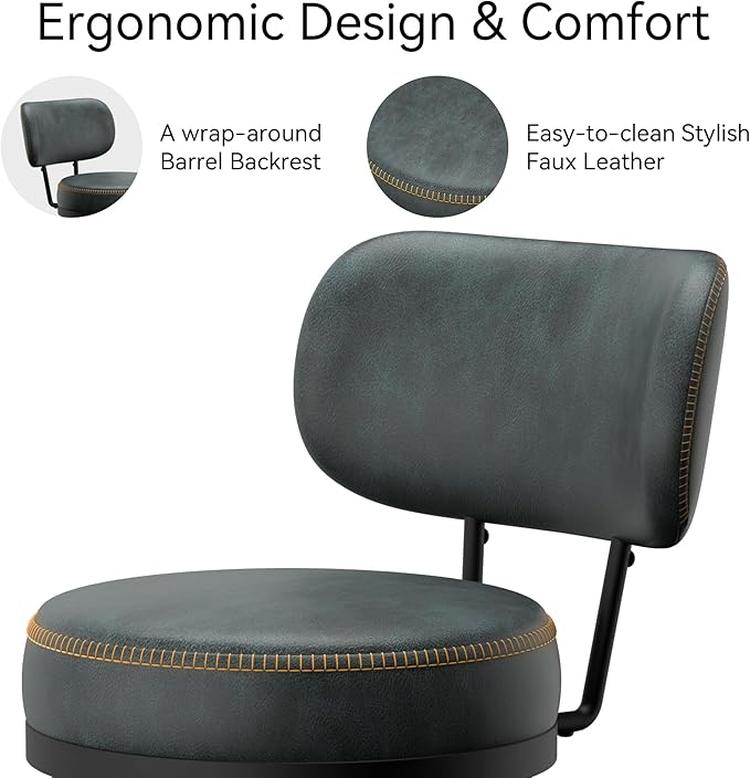 Counter Height Bar Stools, 26" H Swivel Barstools Set of 6, Faux Leather Kitchen Counter Stools with Back and Stylish Stitching, Metal Frame, Pub, Home Bar, Balck Green
