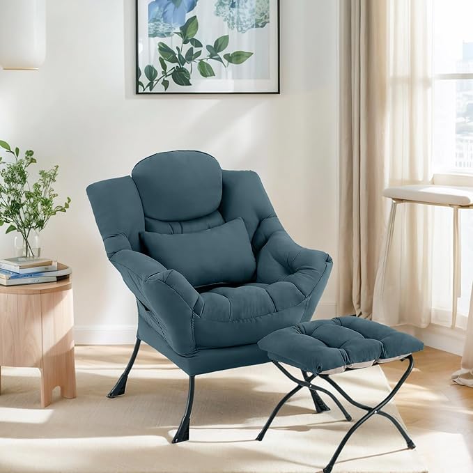 Lazy Chair with Ottoman, Modern Lounge Chair with Lumbar Pillow, Accent Cozy Reading Armchair and Folding Footstool for Bedroom, Dorm, Living Room,Peacock Blue