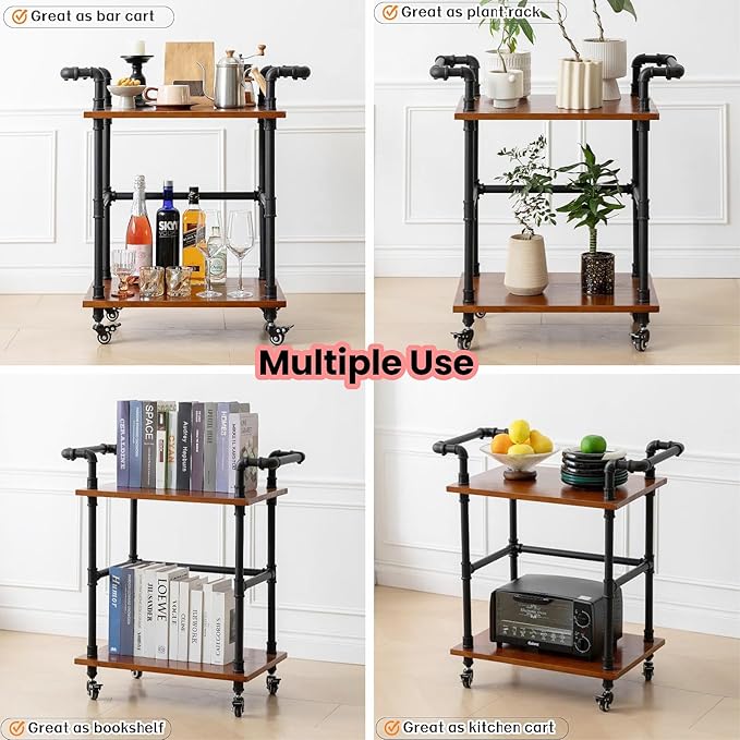 Industrial Pipe Bar Carts/Serving Carts/Kitchen Carts/Wine Rack Carts on Wheels with Shelves - Wood Rolling Carts - Wine Tea Liquor Shelves/Holder - Home Furniture (Two tiers pipe wood bar cart)