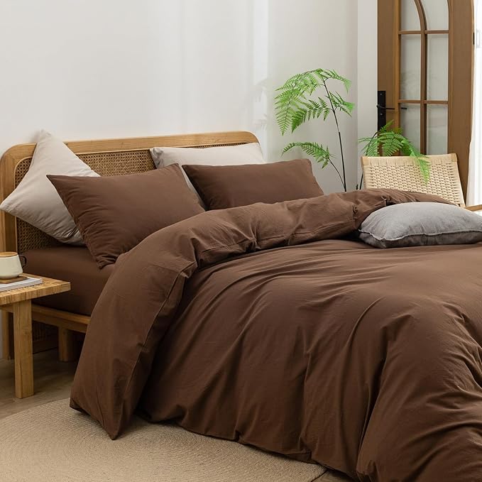 BESTOUCH Duvet Cover Set 100% Washed Cotton Linen Feel Super Soft Comfortable Chic Lightweight 3 PCs Home Bedding Set Solid Cocoa Brown Queen