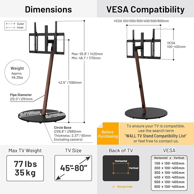 WALL Seven Stand A2 Grand | Rolling TV Stand for 45–80" w/ 37.4" Soundbar Shelf | Walnut | Portable TV Stand with Shelf | Height Adjustable, Space Saving, for Living Room, Bedroom and Office