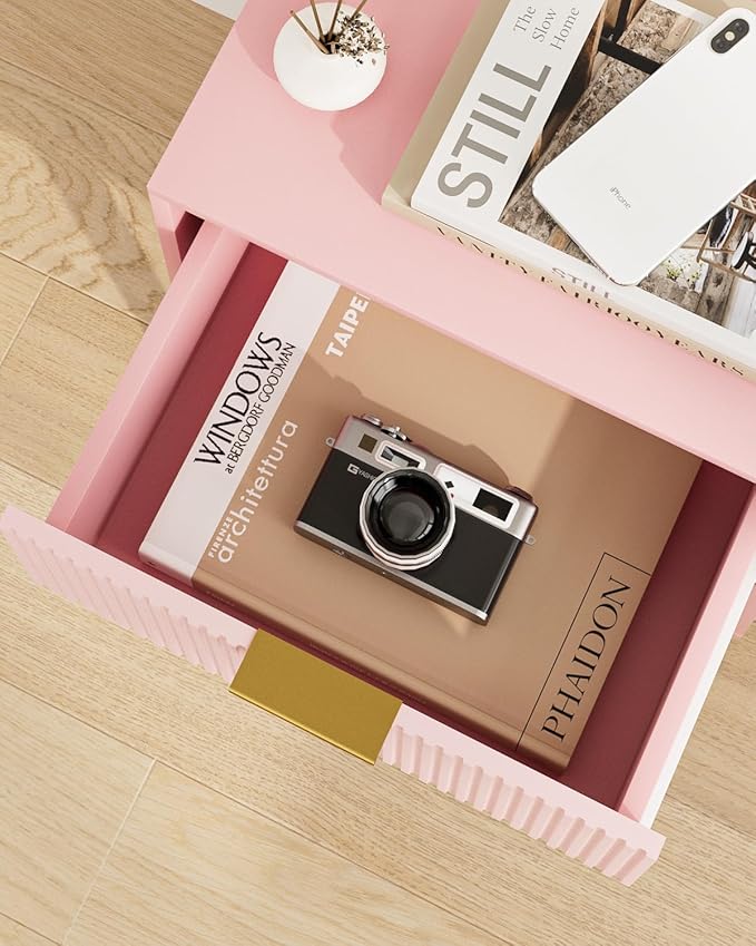 Nightstand, Small Side Table, Bedside Table with Drawer, Modern Night Stand, End Table for Bedroom, Living Room (Pink Stripe)