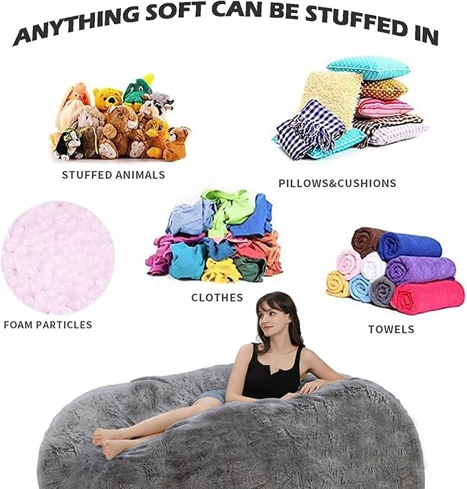 BCU 6FT Bean Bag Chair for Adults and Kids Without Filler Giant Stuffed Animal Storage Cover Soft Faux Fur Floor Chair Cover for Bedroom Living Room, Black