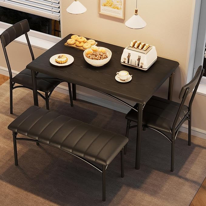 Dining Table Set for 4, Small Dining Table Set with Upholstered Bench and 2 Chairs, Kitchen Table and Chairs for 4, for Small Space, Apartment, Dinner, Rustic Black