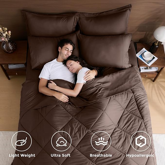 HEVUMYI Brown Twin Comforter Set - 5-Piece All Season Bed in a Bag Twin, Ultra Soft Bedding Set with Comforter, Flat Sheet, Fitted Sheet, Pillowcases, Pillow Shams
