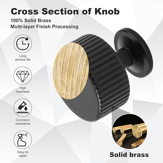Matt Black Kitchen Cabinet Knob, 6 Pack Solid Brass Dresser Drawer Pulls, 1-1/10 Black Cabinet Knob for Cabinet Cupboard Wardrobe, Furniture Hardware Handles