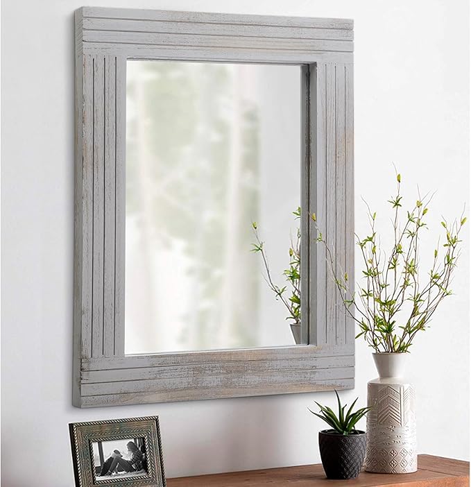 Large Rustic Wall Mirror, Rectangular Vintage Wood Framed Large Mirror Deco Farmhouse Living Room Bathroom Bedroom Entrance Mirror Light Gray 26" x 18"