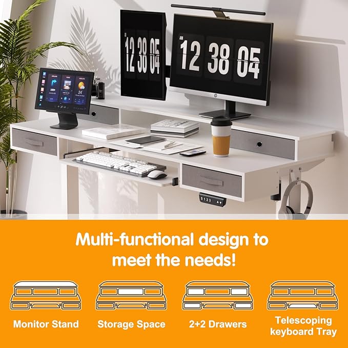 Electric Standing Desk, 55" Standing Desk Adjustable Height, Multifunctional Standing Table with 4 Drawers, Ergonomic Adjustable Standing Desk with Keyboard Tray, Snow White