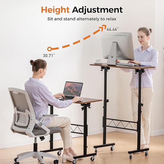 COMHOMA Small Standing Desk Adjustable Height & Tiltable Tabletop, Mobile Stand Up Desk for Laptop, Portable Computer Table for Home Office Work and Walking Pad Treadmill, Height 30.7"-46.4", Brown