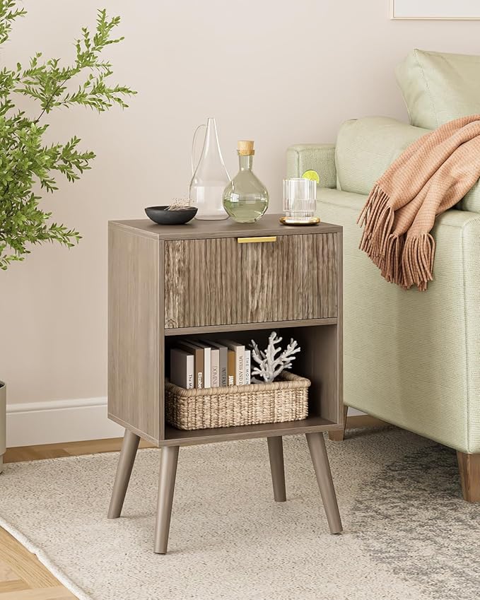 Nightstand, Small Side Table, Bedside Table with Drawer, Modern Night Stand, End Table for Bedroom, Living Room (Grey Stripe)