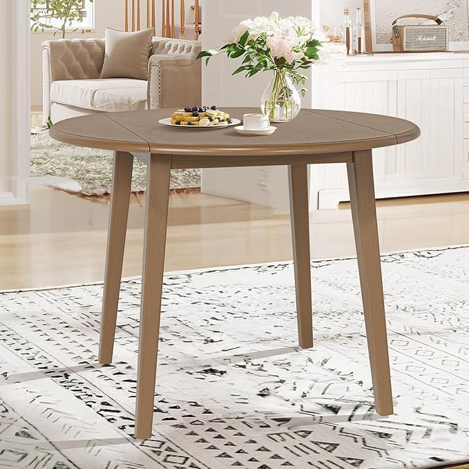 COLAMY 3-Piece Extendable Dining Table Set for 2, 36" Kitchen Round Wood Table with 2 Tufted Dining Room Chairs,Light Brown/Taupe