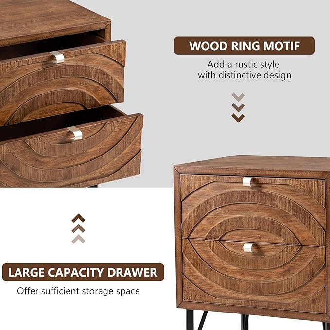 COSIEST Vintage Nightstands Set of 2, Bedside Tables with 2 Storage Drawers, Rustic End Tables for Bedroom and Living Room, Easy to Assemble (Brown, Circle Pattern)
