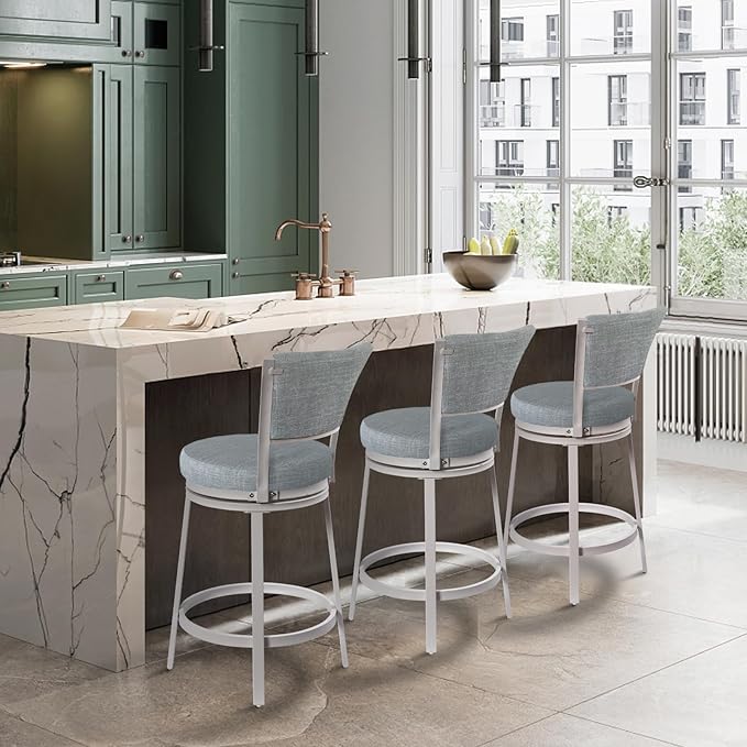 Bar Stools, Counter Height Barstools Set of 2, 25" Linen Fabric Metal Round Swivel Bar Chairs with Back, Modern Upholstered Counter Stools for Kitchen Island, Grey & White