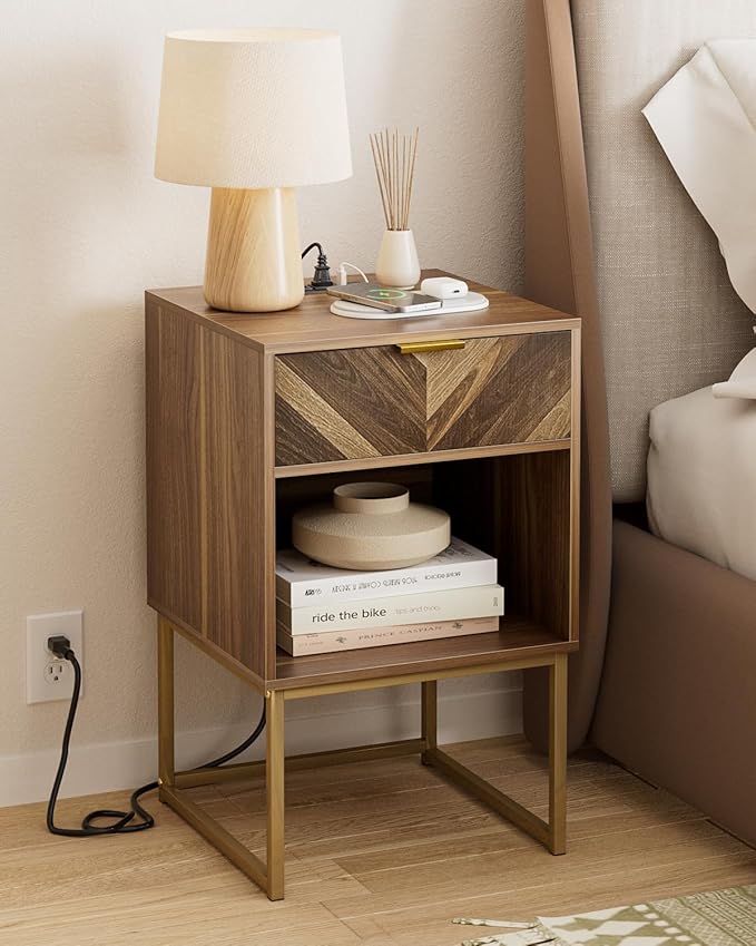 Nightstand with Charging Station,Modern Night Stand Boho Farmhouse Wood Bedside Table with Storage Drawer and Open Shelf,Side End Table for Bedroom,Living Room,Walnut