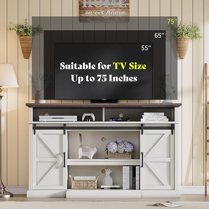 66" Farmhouse TV Stand for 75 Inch TVs, 40" Tall Entertainment Centere with Sliding Barn Doors, Rustic Media Console Table Storage Cabinet with Adjustable Shelves, Living Room, Antique White