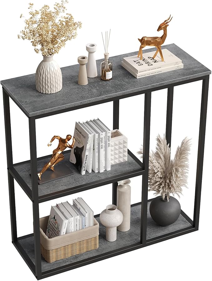 WOHOMO Console Table, 12 Inch Narrow Entryway Table with 3-Tier Storage Shelves 31.5 Inch Industrial Sofa Table Small Hallway Table for Living Room Grey