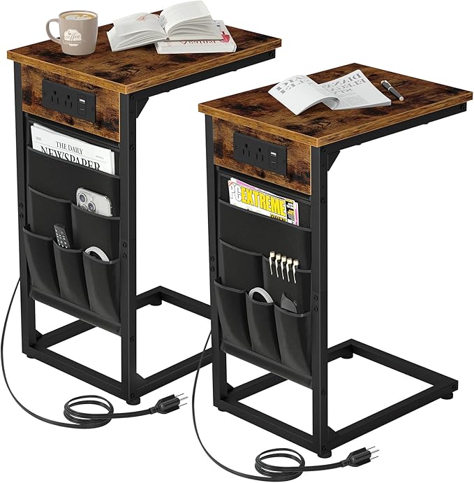 AMHANCIBLE C Shaped End Table with Charging Station, TV Tray Set of 2, Couch Tables with Storage Bag, Slide Under Sofa Side Table with USB Ports and Outlets for Living Room, Rustic Brown HET04CBR