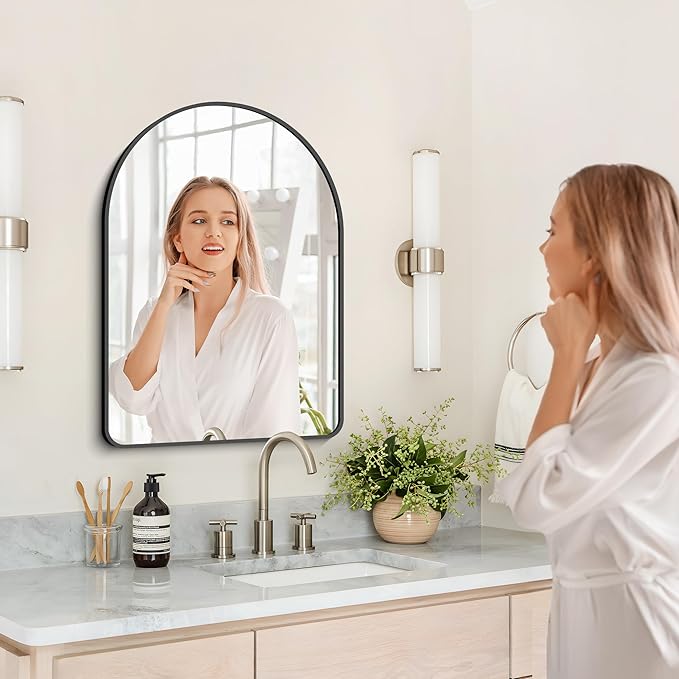 GLASHOM 20"x28" Black Arched Mirror for Bathroom, Wall Mounted Mirror, Aluminum Alloy Brushed Framed Wall Mirror, Anti-Rust, Large Mirror for Over Sink, Bedroom, Entryway Vertically Hanging