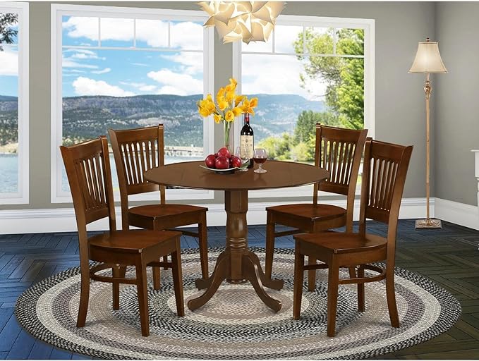 East West Furniture DLVA5-ESP-W 5 Piece Kitchen Table Set for 4 Includes a Round Dining Room Table with Dropleaf and 4 Solid Wood Seat Chairs, 42x42 Inch, Espresso