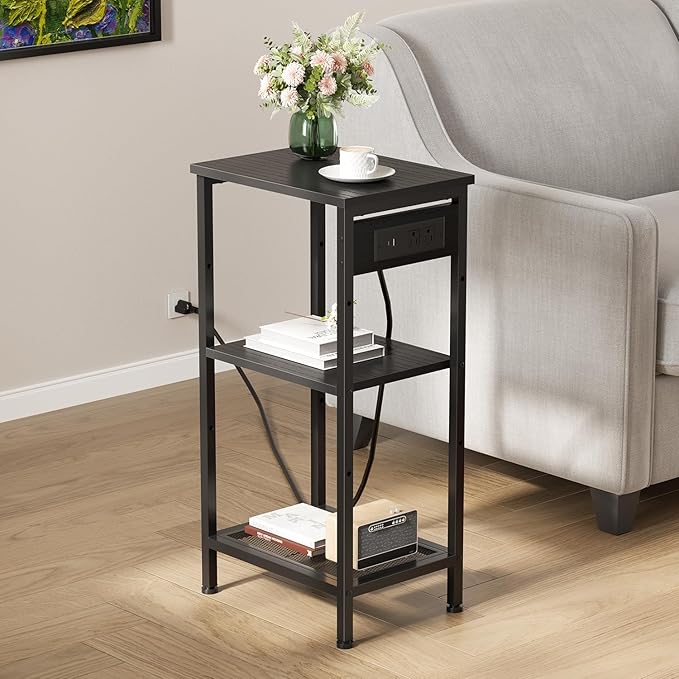 Tall End Table with Fast Charging Station, 3 Tier Narrow Side Table with Outlets and USB Ports & Type-C, Tall Nightstand with Storage, Bedside Table Stand for Living Room, Bedroom, Black