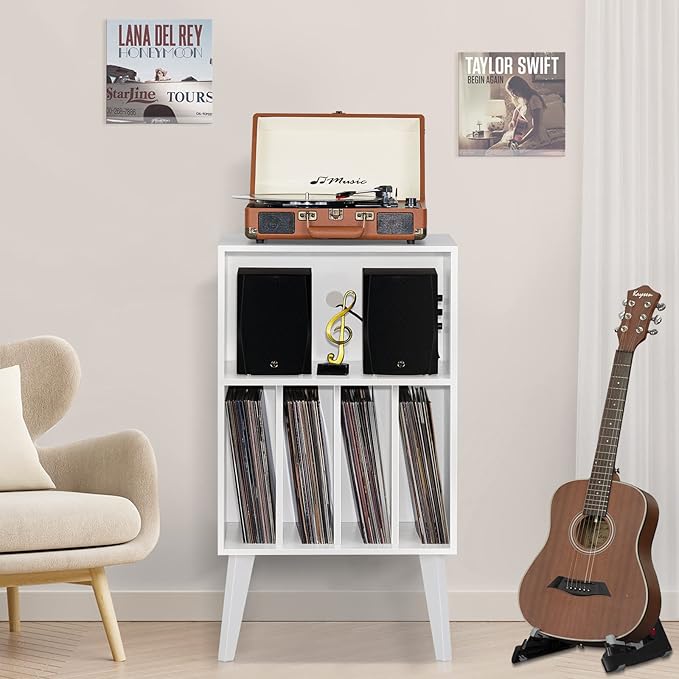 Lerliuo Record Player Stand, White Turntable Stand Holds up to 160 Albums, Mid-Century Vinyl Storage Cabinet Table with Solid Wood Legs, Record Player Holder Dispaly Shelf for Bedroom Living Room