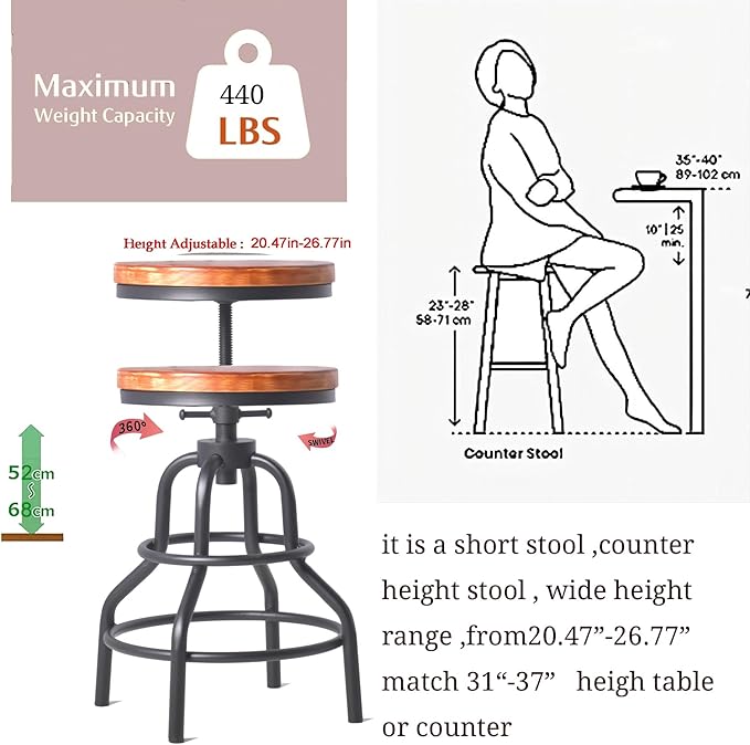 Diwhy Industrial Vintage Bar Stool, Kitchen Counter Height Adjustable Pipe Stool, Cast Iron, Swivel, Metal, 27 Inch, Fully Welded Set (Brown Wooden Top)