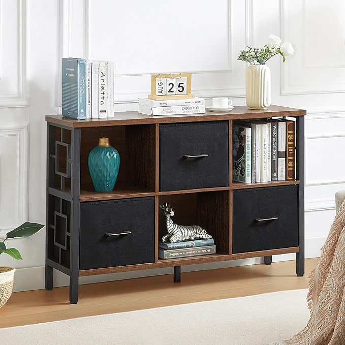 HOMISSUE 6 Cube Storage Organizer Shelf, Rustic Short Bookshelf with 3 Storage Bins, Industrial Horizontal Bookshelf with Metal Frame, Low and Wide Cube Bookcase for Living Room and Office, Brown