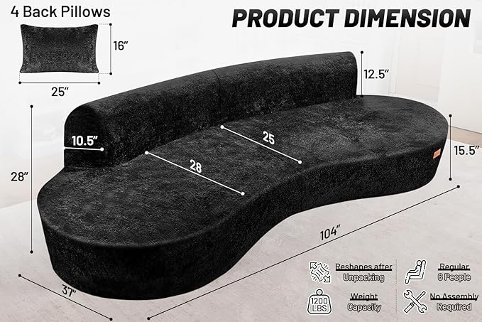 Homguava 104'' Modular Sectional Sofa,Curved Modern Sofa with Memory Foam,Deep Seat Cloud Couch with 4 Pillows,Upholstered Oversized Couches for Living Room Apartment Office,No Assembly Required,Black
