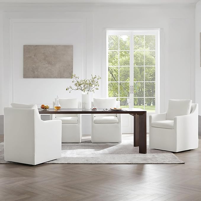 Upholstered Dining Chairs with Casters Washable Cover Side Deskchair with Rollers for Diningroom, Living Room, Cream, 1 Box