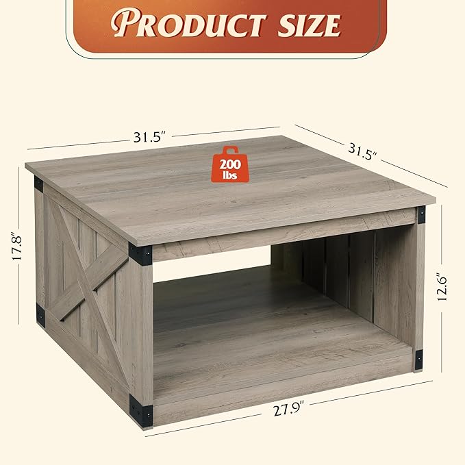 WLIVE Coffee Table, Farmhouse Coffee Table with Open Storage, 31.5" Wood Square Living Room Tables, Rustic Dining Cocktail Center Table for Living Room, Greige