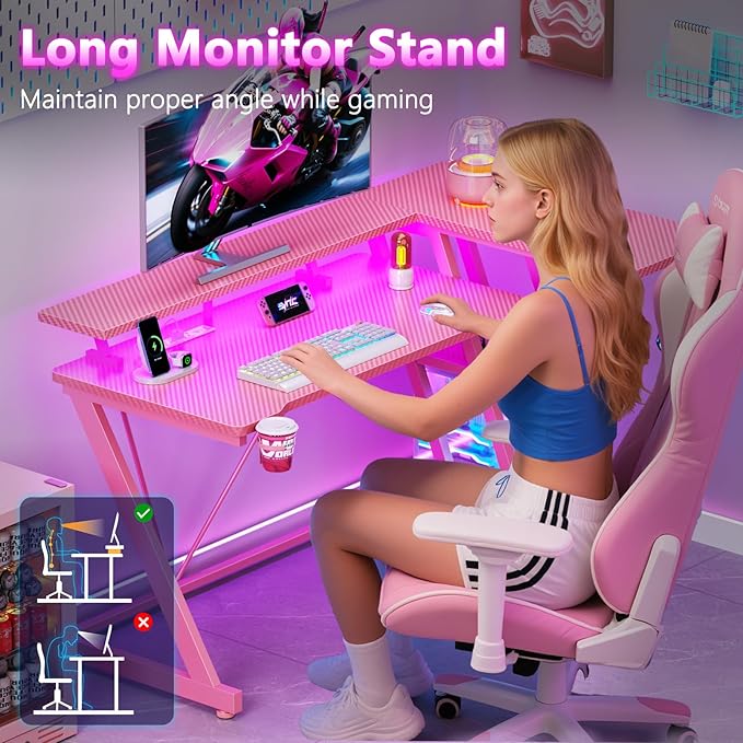 47 Inch Pink Gaming Desk with Power Outlet & LED Lights, Corner Computer Desk with 3 Tiers Storage Shelves, L Shaped Gaming Desk with Monitor Stand for Bedroom