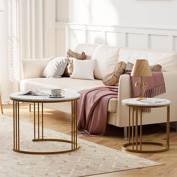 Garden 4 you Coffee Table Faux Marble Nesting Table for Small Place 2 Sets Modern Furniture Living Room Sets End Side Table Night Stand for Bed Room Dining Room (White & Gold)