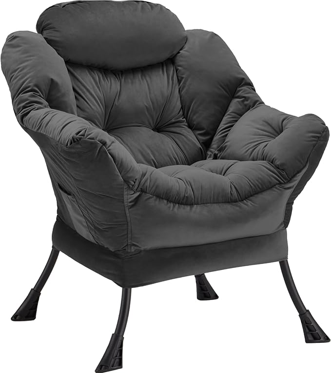 Lazy Chair Thick Padded, Comfy Velvet Accent Lounge Chair with Stable Frame, Leisure Sofa Armchair with Armrests and Side Pocket, Reading Chair for Bedroom, Living Room, Office, Charcoal