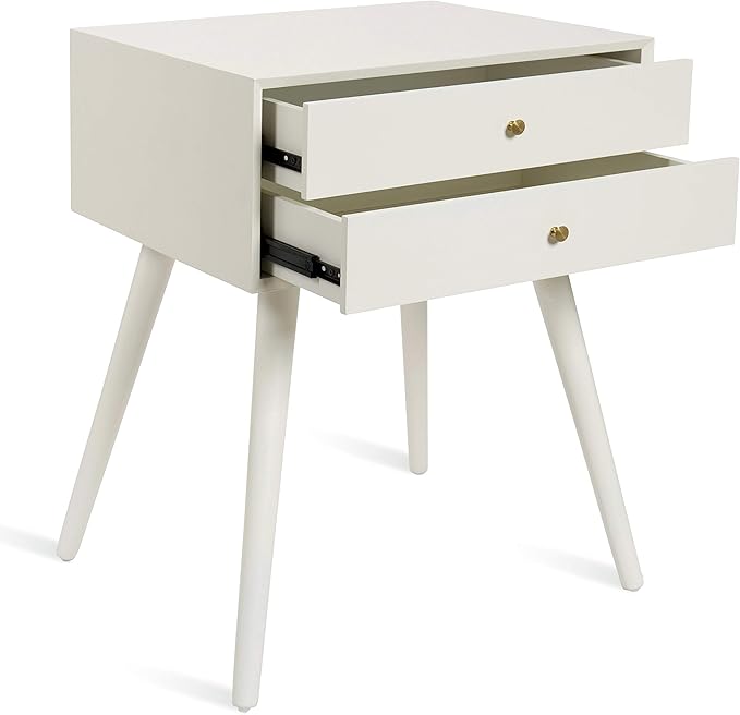 Kate and Laurel Finco Midcentury Modern Style Side Table with 2 Drawers, White Finish with Brass Hardware