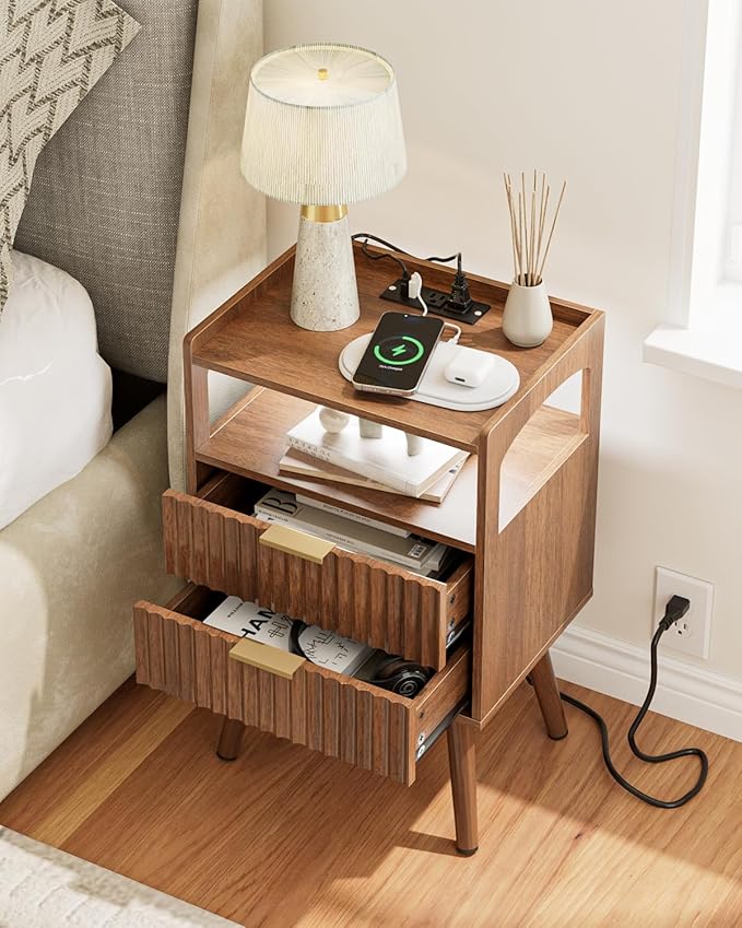 Nightstand with Charging Station and LED Lights,Modern Bedside Table with 2Drawer and Open Shelf,Walnut Night Stand with Solid Wood Legs,End Table for Living Room、Bedroom and Small Spaces
