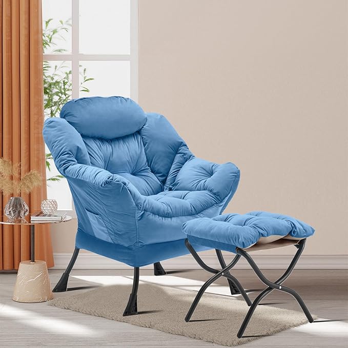 Lazy Chair with Folding Ottoman, Accent Chair Velvet Upholstered with Metal Structure and Non-Slip Pads, Sofa Armchair with Footrest and Side Storage Bag for Dorm, Room, Office, Light Blue