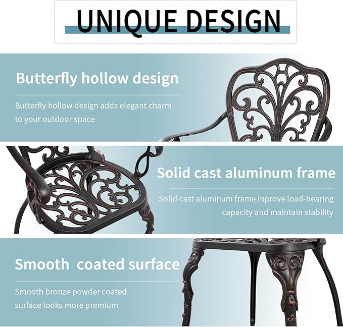 Outdoor Bistro Table and Chairs Set of 2 Cast Aluminum Patio Bistro Set with Umbrella Hole, All Weather Bistro Table Set for Garden, Suitable for All People, Bronze