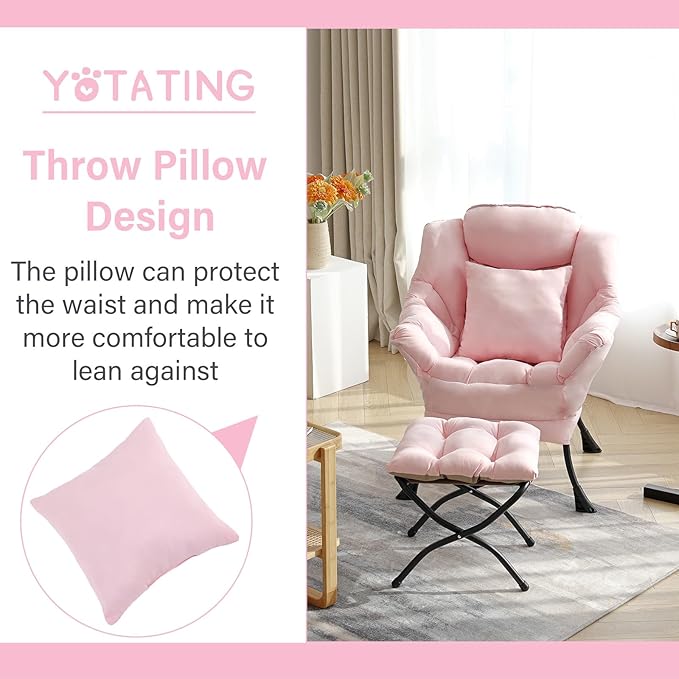 Lazy Chair with Ottoman, Comfy Reading Lounge Chair with Footstool & Throw Pillow Modern with Armrests & Side Pocket for Living Room, Bedroom, Dorm Room, Pink