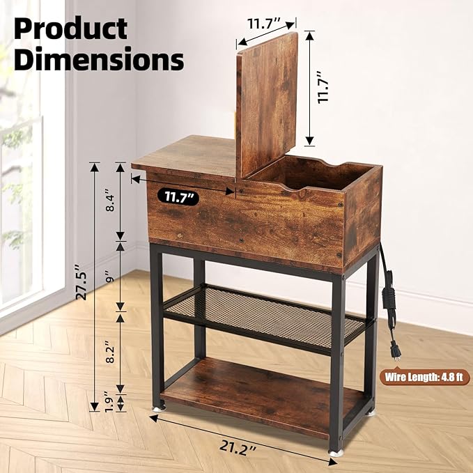 Flip Top End Table for Living Room, 28 inch Side Table, 12" D x 24" W x 28" H, Narrow Side Table with Drawer, 8.4" Deep Drawer, End Table with Charging Station, Steel X-Shaped Frame, Rustic Brown