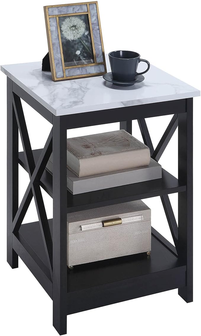 Convenience Concepts Oxford End Table 15.75" - Modern Living Room Table with Storage Shelves, Transitional Nightstand Side Table for Home Decor and Display, White Faux Marble/Black