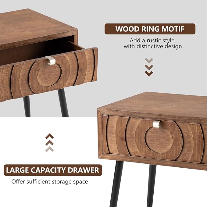 COSIEST End Tables Set of 2, Mid Century Modern Nightstands, Wood Bedside Tables, Accent End Tables with One Storage Drawer for Living Room, Bedroom (Brown, Circle Pattern)