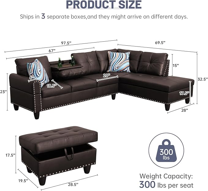 L Shaped Modular Sectional Sofa with Reversible Chaise Lounge, 5-Seater Corner Couch, PU Leather Convertible Sofá w/Movable Ottoman, Cup Holders, 2 Pillows and Rivet Ornament for Living Room