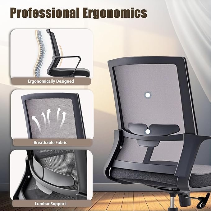 Office Chair ergonomically Designed with Breathable mesh backrest and Lumbar Support Adjustable Height Suitable for Offices Homes bedrooms Study Rooms Black