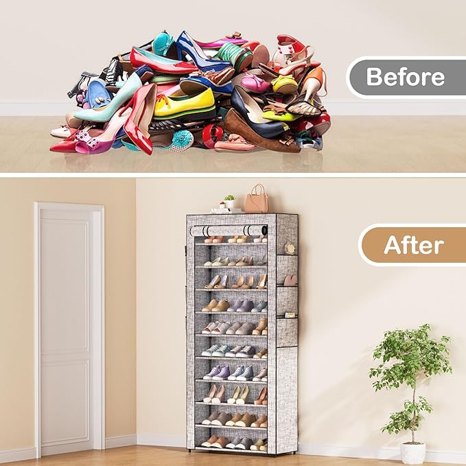 Covered Shoe Rack Tall Metal Shoes Rack Organizer for Entryway Garage Closet Tall Shoe Shelf Shoe Storage Cabinet Free Standing Large Garage Shoes Racks Organizer (23.6 L x 11.8W)