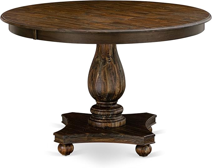 East West Furniture F2EL7-718 7 Piece Dining Table Set Consist of a Round Kitchen Table with Pedestal and 6 Brown Linen Linen Fabric Parson Dining Room Chairs, 48x48 Inch, Distressed Jacobean