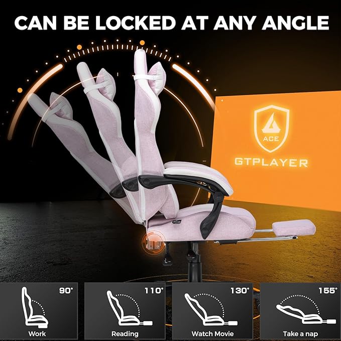 GTPLAYER Gaming Chair with Footrest, Big and Tall Game Chair High Back Computer Office Chair with Lumbar Support for Adults, Ergonomic Swivel Games Chair with Cushion Gaming Black Linen Fabric Pink
